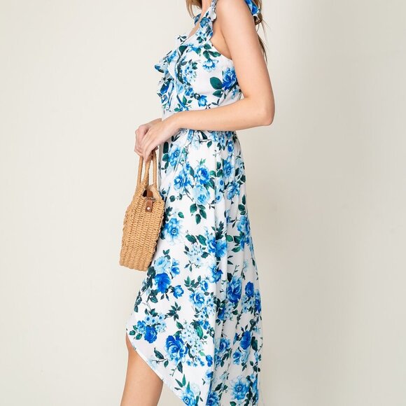 LUMIERE Blue Floral Ruffle Wrap Midi Dress, White Summer Wedding Guest Outfit - Picture 2 of 6